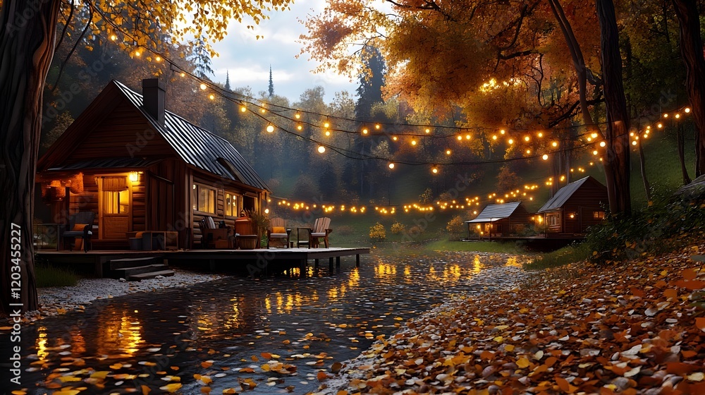 Fototapeta premium cozy autumn cabin by the river - cozy autumn/fall scenes
