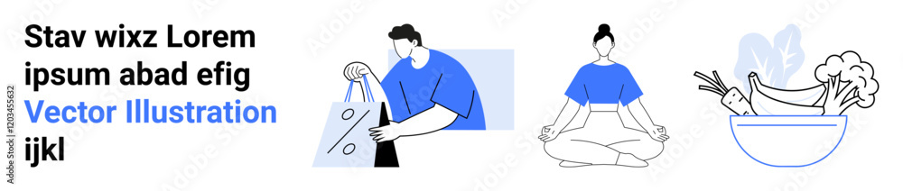 Man holding a shopping bag with clothes, person meditating cross-legged, bowl of vegetables and fruits. Ideal for lifestyle, wellness, shopping, healthy living, relaxation, balance mindfulness Man holding a shopping bag with clothes, person meditating cross-legged, bowl of vegetables and fruits. Ideal for lifestyle, wellness, shopping, healthy living, relaxation, balance mindfulness