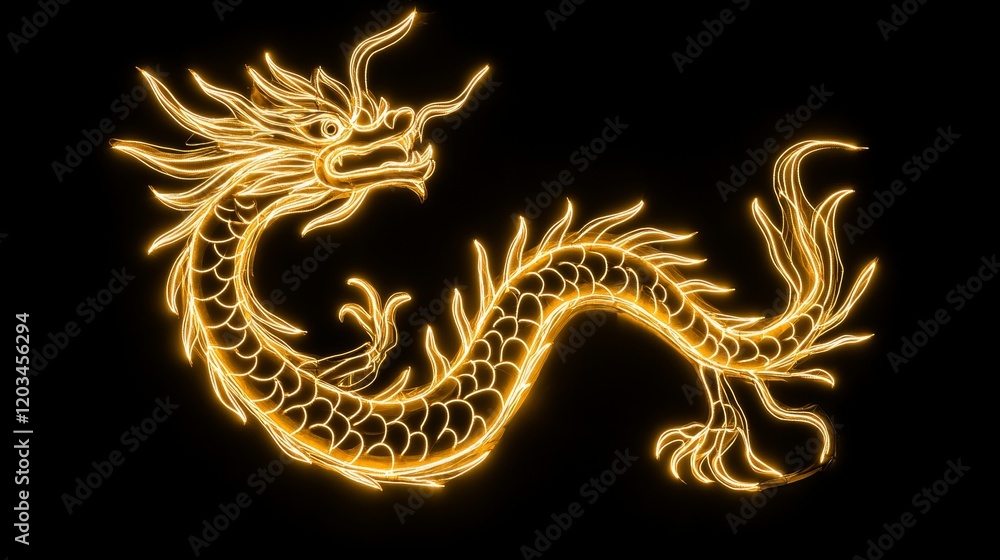Fototapeta premium Golden Dragon Light Art Illuminated Chinese Mythical Creature