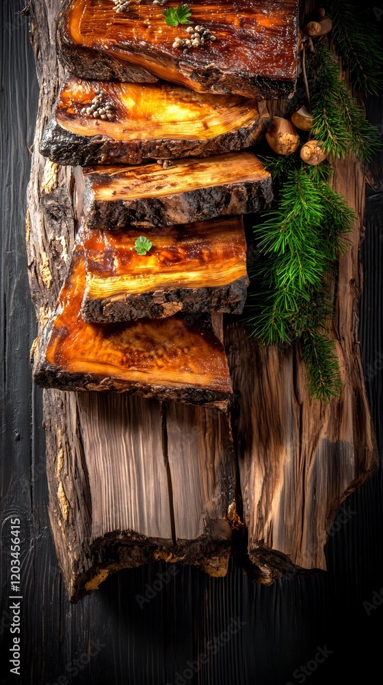 Delicious glazed meat slices arranged artfully on rustic wood warm light enhances rich colors. AI Generated Delicious glazed meat slices arranged artfully on rustic wood warm light enhances rich colors. AI Generated