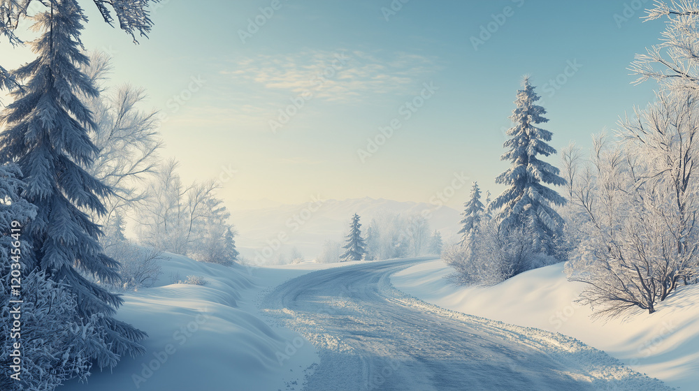 Snowy Winter Road in a Mountain Landscape Snowy Winter Road in a Mountain Landscape