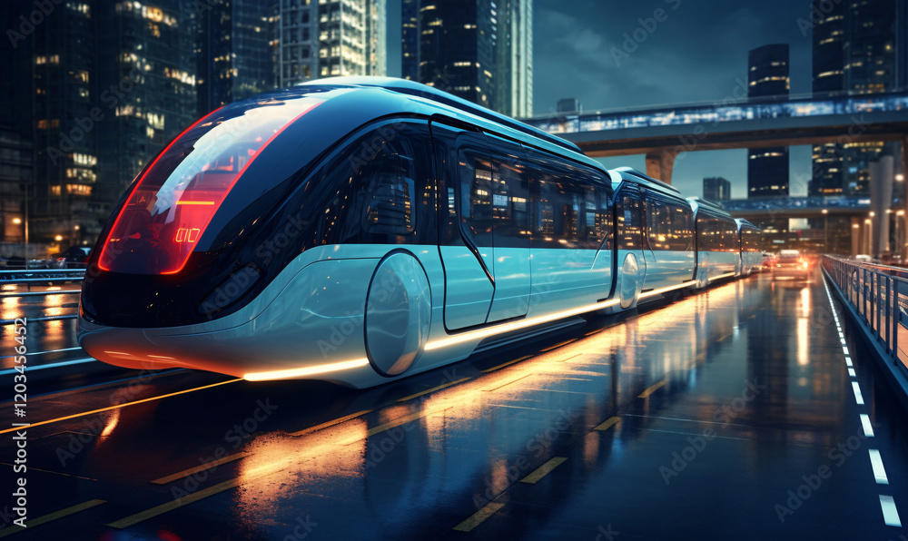 Naklejka premium High-Speed futuristic train moving through a futuristic cityscape with elevated tracks and sleek urban environment.