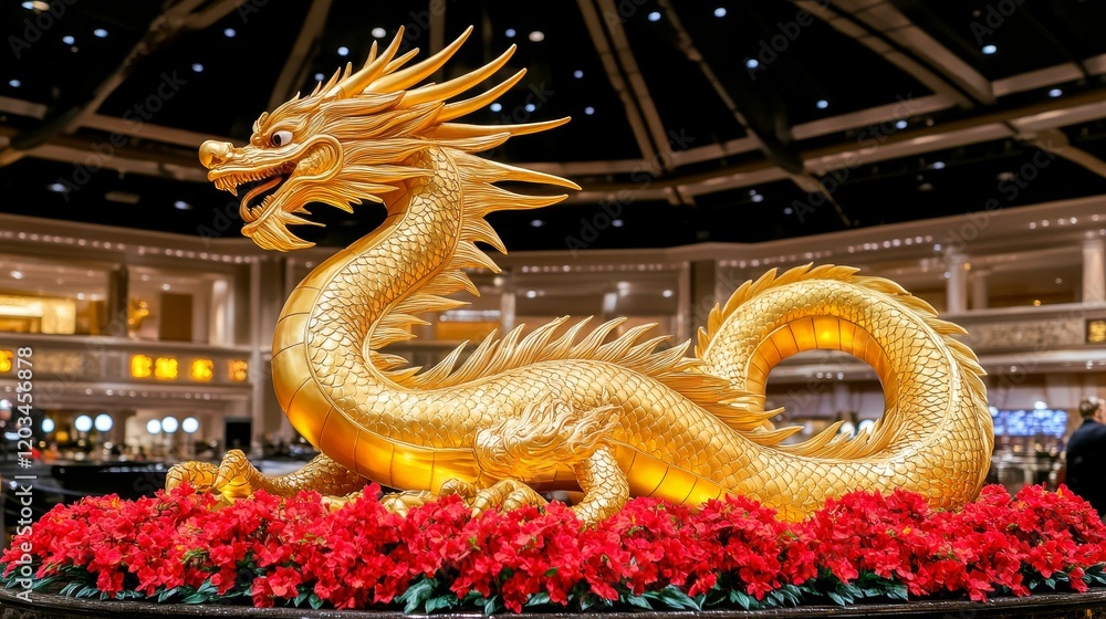 Obraz premium Golden Dragon Statue in Grand Hall Setting with Red Flowers