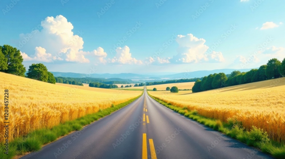 Fototapeta premium Asphalt Road Through Golden Wheat Fields Under a Sunny Sky