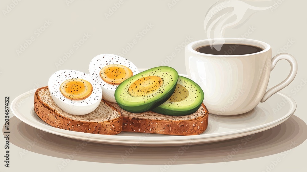Vector breakfast plate with avocado toast eggs and coffee Vector breakfast plate with avocado toast eggs and coffee
