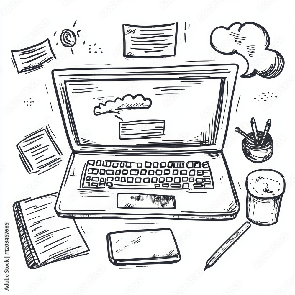 Laptop surrounded by doodle book icons