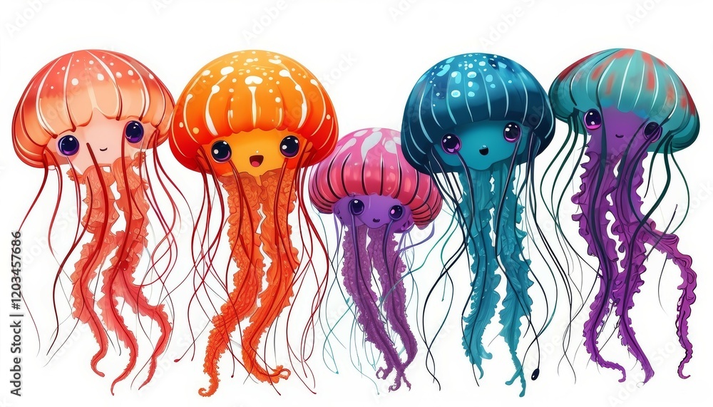 Fototapeta premium kawaii cartoon big floating multicolored jellyfish with eyes and emotions on a white background