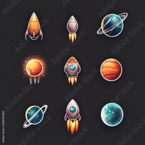 Space Explorers: A vibrant collection of cartoon-style rockets and planets, perfect for game design, children's illustrations, or space-themed projects.