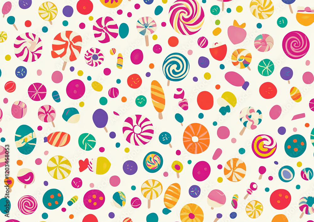 A playful candy pattern features colorful lollipops and sweets scattered across a white background. The pastel tones and cheerful design make it ideal for children's decor or festive celebrations. A playful candy pattern features colorful lollipops and sweets scattered across a white background. The pastel tones and cheerful design make it ideal for children's decor or festive celebrations.
