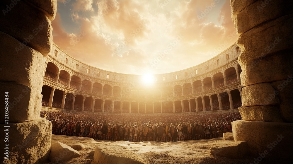 Vivid Roman Coliseum Revival, vibrant crowds, dynamic gladiator battles, rich historical ambiance, immersive ancient spectacle