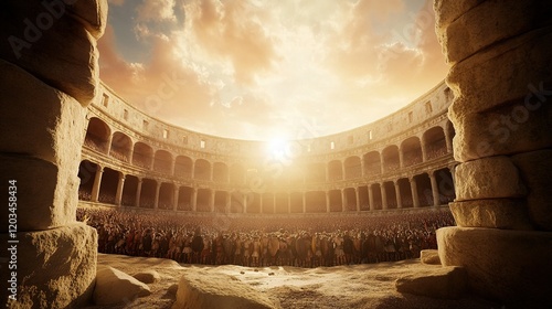 Obraz na płótnie Vivid Roman Coliseum Revival, vibrant crowds, dynamic gladiator battles, rich historical ambiance, immersive ancient spectacle w salonie