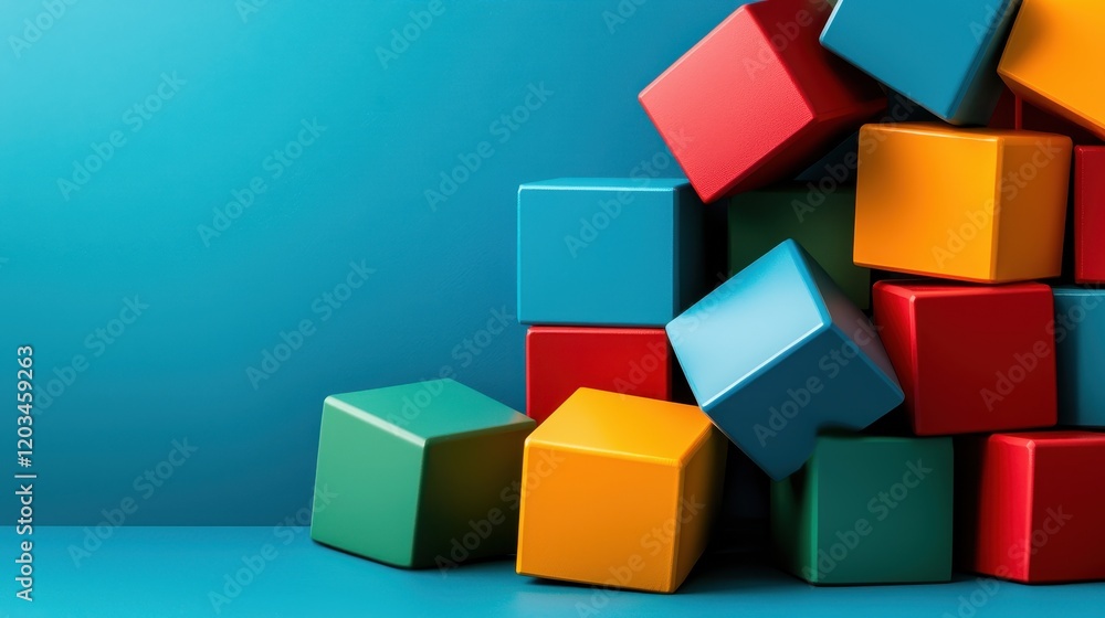This image features dynamically arranged colorful cubes set against a turquoise backdrop, highlighting their geometric shapes and playful aesthetic appeal. This image features dynamically arranged colorful cubes set against a turquoise backdrop, highlighting their geometric shapes and playful aesthetic appeal.