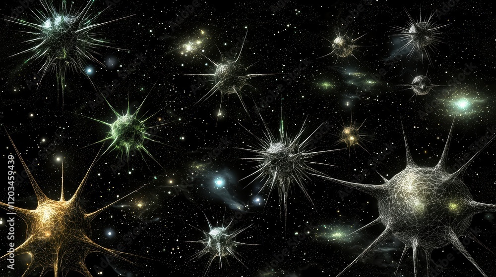 Naklejka premium Abstract Space Scene with Sparkling Microorganisms and Stars