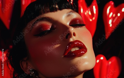 A high-fashion close-up of a woman with glossy black eyeliner and ruby red lips, glowing against a jet-black heart-themed backdrop photo