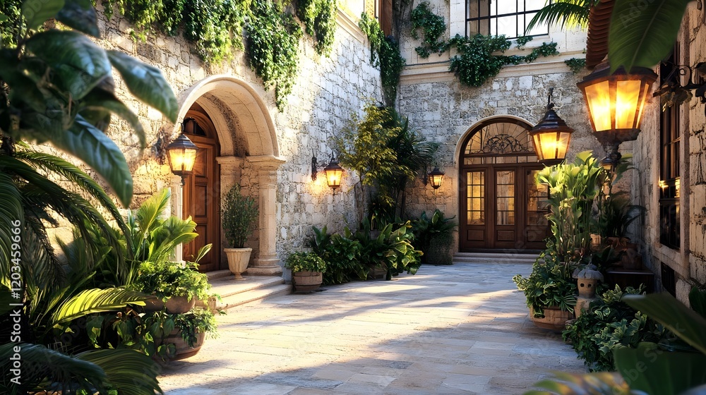 Naklejka premium sunlit mediterranean courtyard, plants & stone - lush greenery and .