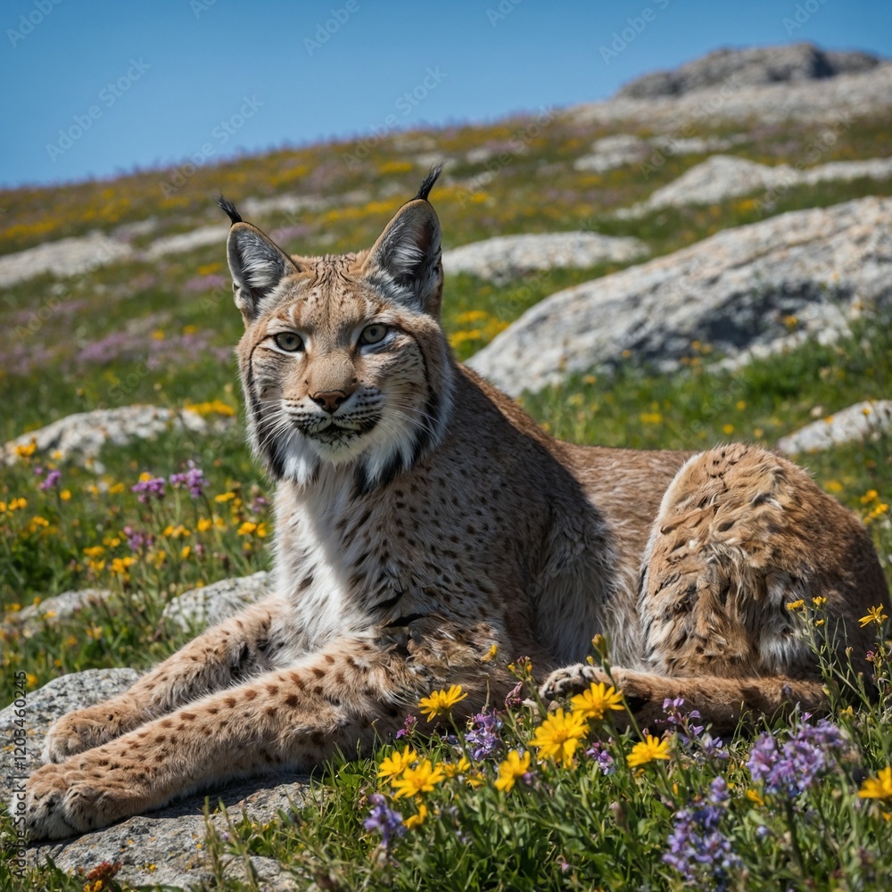 Obraz premium A lynx lounging on a boulder in an alpine meadow with wildflowers and a blue sky.