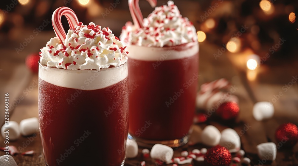 Two delightful holiday drinks showcasing festive toppings and decorations, creating a warm atmosphere. Ideal for representing the spirit of celebration and cheerful gatherings. Two delightful holiday drinks showcasing festive toppings and decorations, creating a warm atmosphere. Ideal for representing the spirit of celebration and cheerful gatherings.