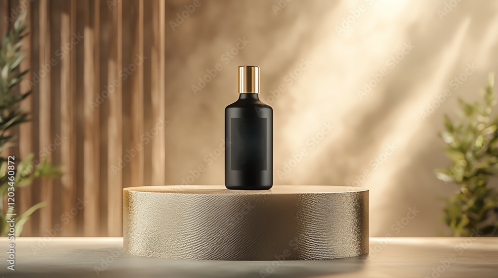 Elegant black bottle with gold cap on a pedestal with soft lighting, surrounded by neutral tones and greenery.