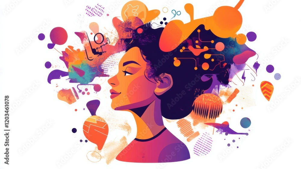 Vibrant illustration of a woman's profile surrounded by abstract shapes and colors, symbolizing creativity Vibrant illustration of a woman's profile surrounded by abstract shapes and colors, symbolizing creativity