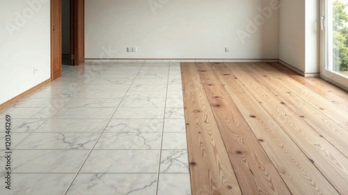 Wallpaper Mural Empty room showcasing contrasting floor finishes marble tile and light wood planks Torontodigital.ca