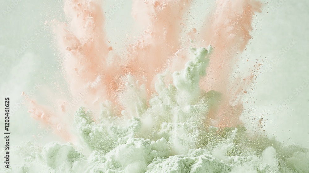 Fototapeta premium A soft eruption of creamy light pink and pastel green powders mingling mid-air
