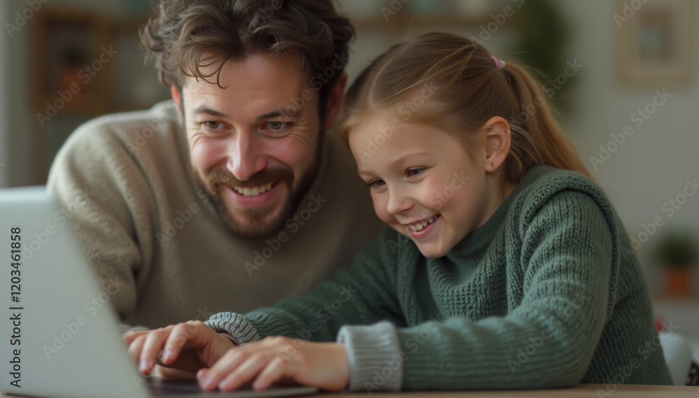 A Mid Shot of Father and Daughter Teaching How to Use a Laptop at Home A Mid Shot of Father and Daughter Teaching How to Use a Laptop at Home