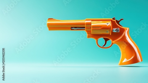 A striking bright orange toy gun is showcased against a smooth teal background, capturing attention with its playful yet bold aesthetic for a modern design. photo