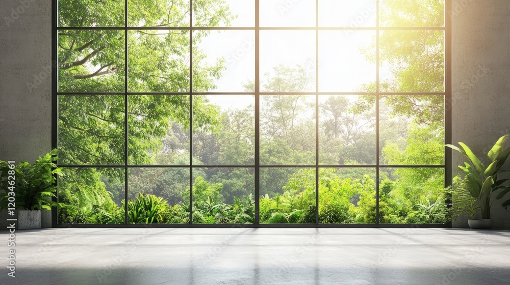 Bright Modern Interior with Large Window Overlooking Green Nature Bright Modern Interior with Large Window Overlooking Green Nature