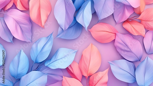Wallpaper Mural 4D render of leaves in pink, blue, and purple colors on a pastel background, seamless pattern  Torontodigital.ca