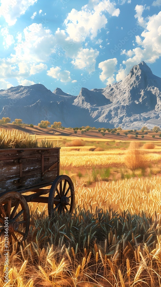 Rustic Wheat Wagon in Vibrant Countryside Landscape with Mountain View