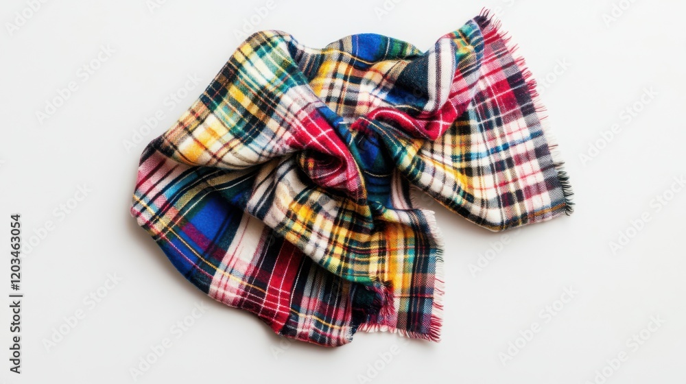 Colorful plaid fabric arranged artistically on a white background, showcasing texture and pattern Colorful plaid fabric arranged artistically on a white background, showcasing texture and pattern