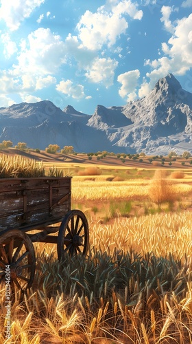 Obraz na płótnie Rustic Wheat Wagon in Vibrant Countryside Landscape with Mountain View w salonie