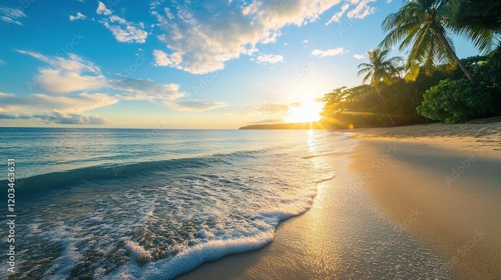 Luxury beachfront villa, radiant sunrise glow, idyllic tropical retreat, perfect vacation escape, serene coastal ambiance, exquisite relaxation experience