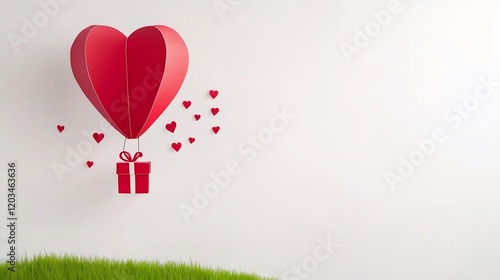 Red paper heart hot air balloon ascends gently carrying gifts soft light illuminates romantic scene. AI Generated
