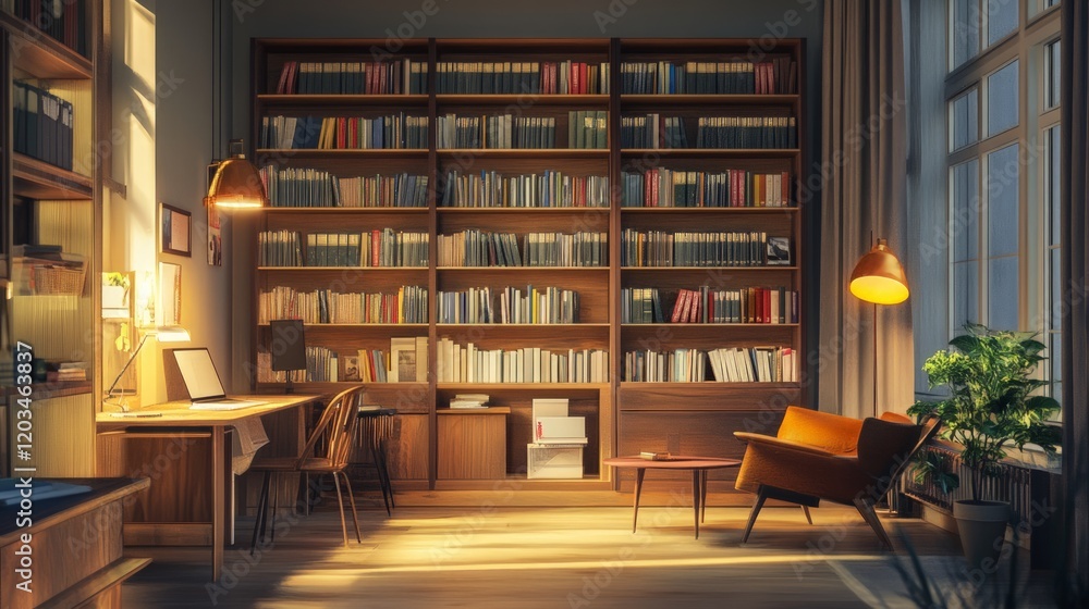 Cozy modern library with wooden shelves and comfortable seating area Cozy modern library with wooden shelves and comfortable seating area
