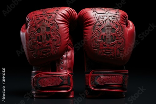 Red leather boxing gloves with embossed celtic design resting on dark reflective surface photo