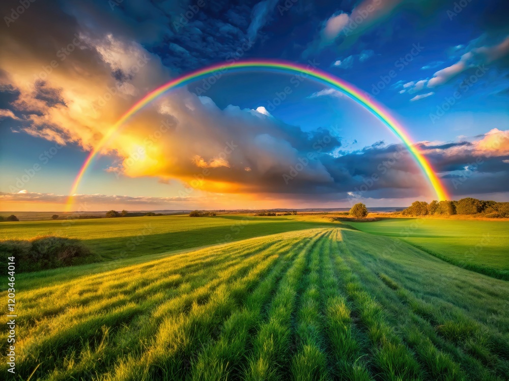 Naklejka premium Tranquil countryside sunset bathes a green field in low-light rainbow hues. Vibrant sky!