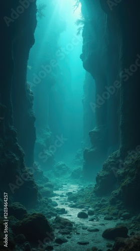 Glowing Underwater Trench with Ancient Ruins