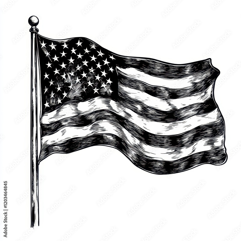 American flag black and white sketch