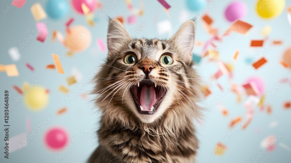 A vibrant image of a lively cat amid a shower of colorful confetti, encapsulating the spirit of celebration and joy, perfect for conveying enthusiasm and happiness. A vibrant image of a lively cat amid a shower of colorful confetti, encapsulating the spirit of celebration and joy, perfect for conveying enthusiasm and happiness.