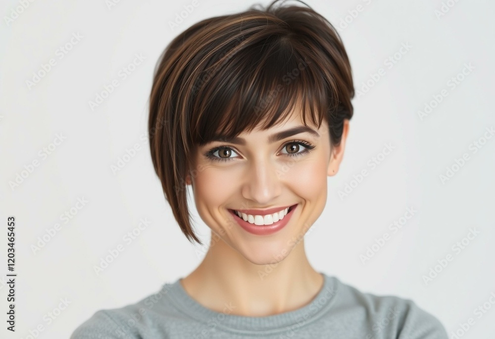Portrait of a smiling woman with short hair and warm gaze Portrait of a smiling woman with short hair and warm gaze