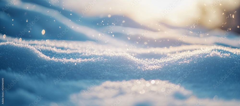 A soft snow-covered landscape with twinkling bokeh lights creates a dreamy winter banner. The light blue pastel palette and smooth textures evoke a serene Christmas scene perfect for holiday displays.