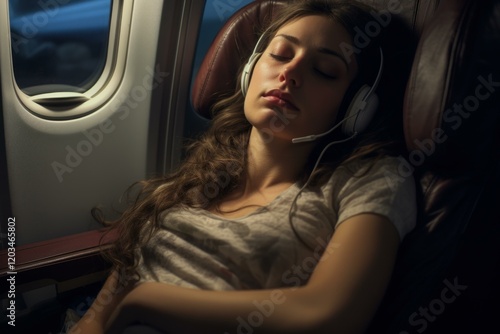 Tourist sleeping comfortably on a plane while listening to music with headphones photo