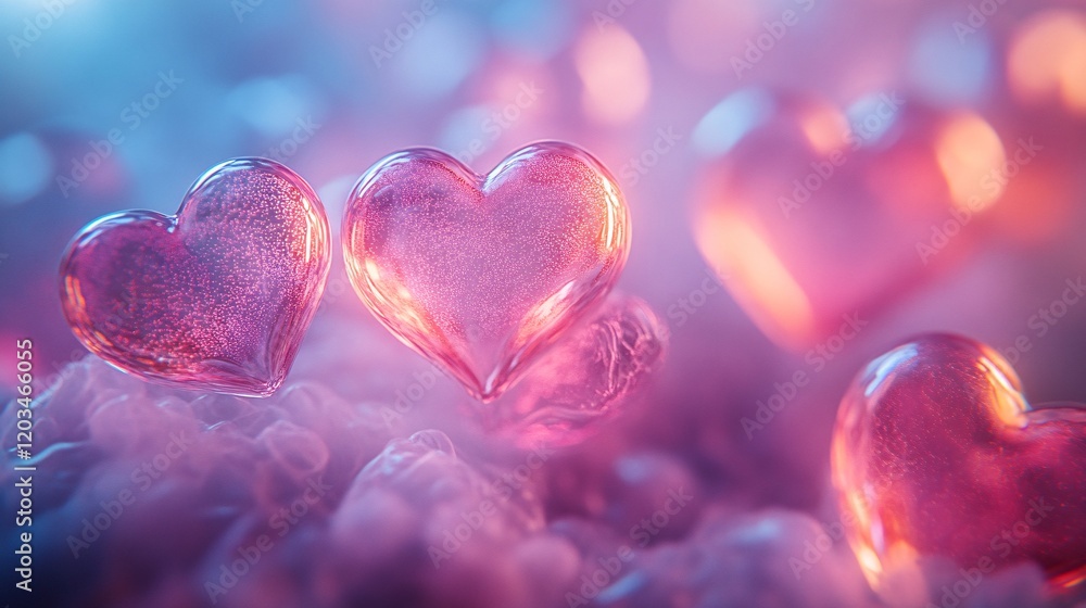 Obraz premium A glowing stream of floating jelly hearts gently drifting in a pastel mist