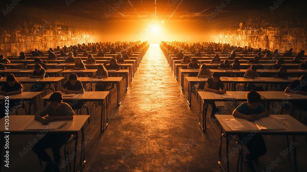 Minimalistic exam hall with spaced desks, warm lighting, students focused on writing, creating an intense academic atmosphere.