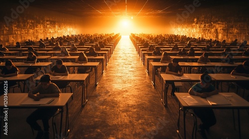 Obraz na płótnie Minimalistic exam hall with spaced desks, warm lighting, students focused on writing, creating an intense academic atmosphere. w salonie
