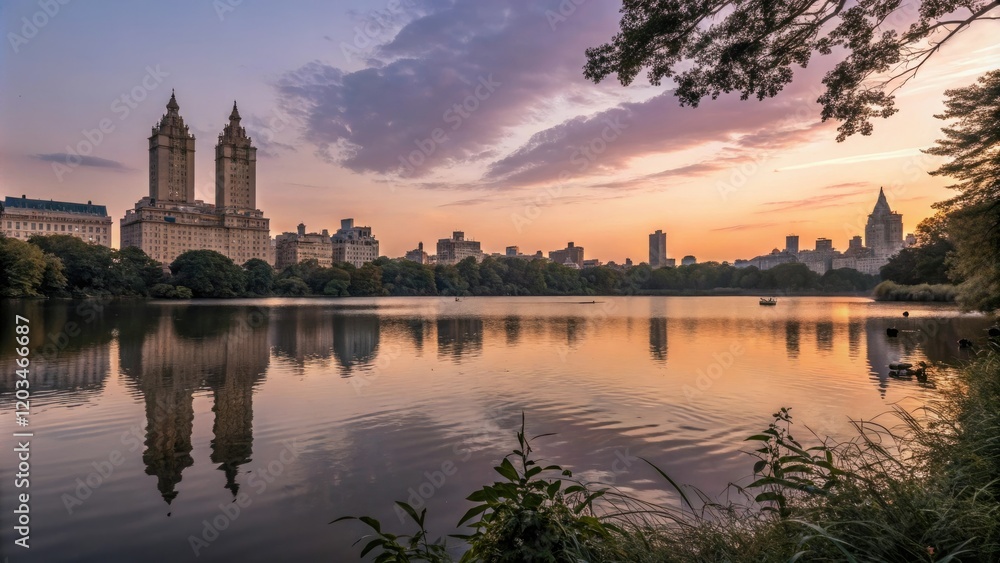 Obraz premium A majestic lake reflecting the city skyline at dusk with gentle ripples, skyscrapers, sunset, cityscape, lake, reflection