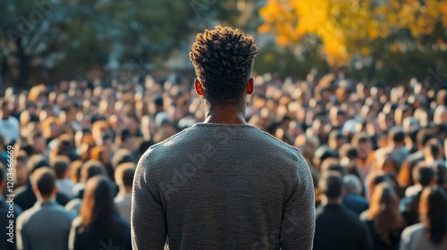 A man stands confidently before a large, engaged crowd in a picturesque park. The sunlight filters through trees, casting warm hues on the audience as he passionately communicates photo