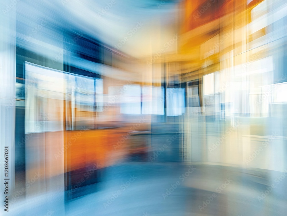 Abstract swirling motion blur image vibrant blues oranges modern office space. AI Generated Abstract swirling motion blur image vibrant blues oranges modern office space. AI Generated