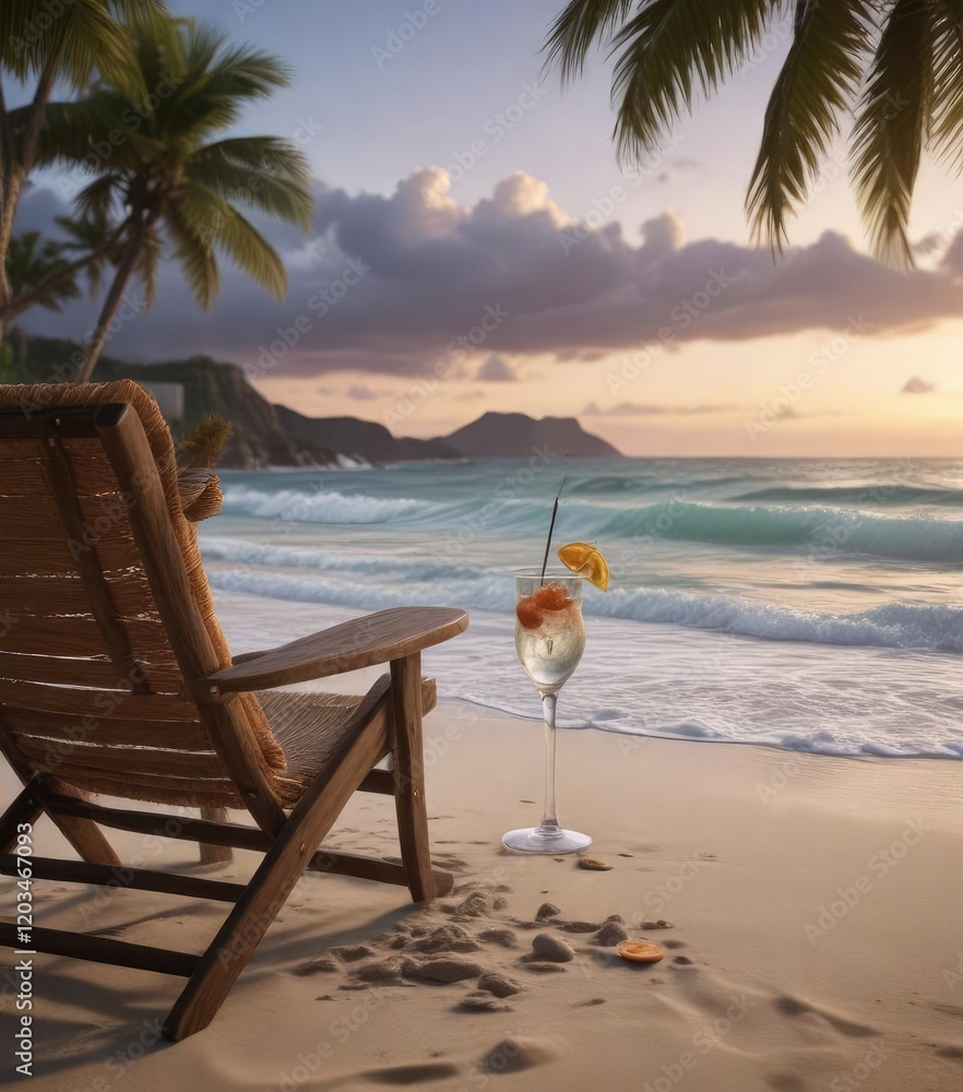 A lone figure in a beachside lounge chair, with an empty cocktail glass nearby and the sound of waves crashing in the background, cocktail, relaxation A lone figure in a beachside lounge chair, with an empty cocktail glass nearby and the sound of waves crashing in the background, cocktail, relaxation